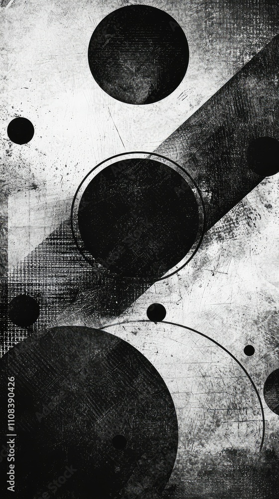 Poster monochrome abstract background featuring layered circles in a dynamic composition with textured elem