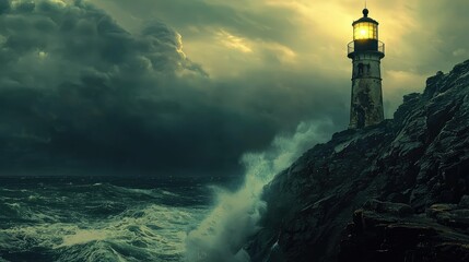 Fototapeta premium A Mysterious Abandoned Lighthouse Stands Tall on a Rocky Cliff Against an Ominous Sky While Waves Crash Dramatically Below in This Stunning Seascape Scene