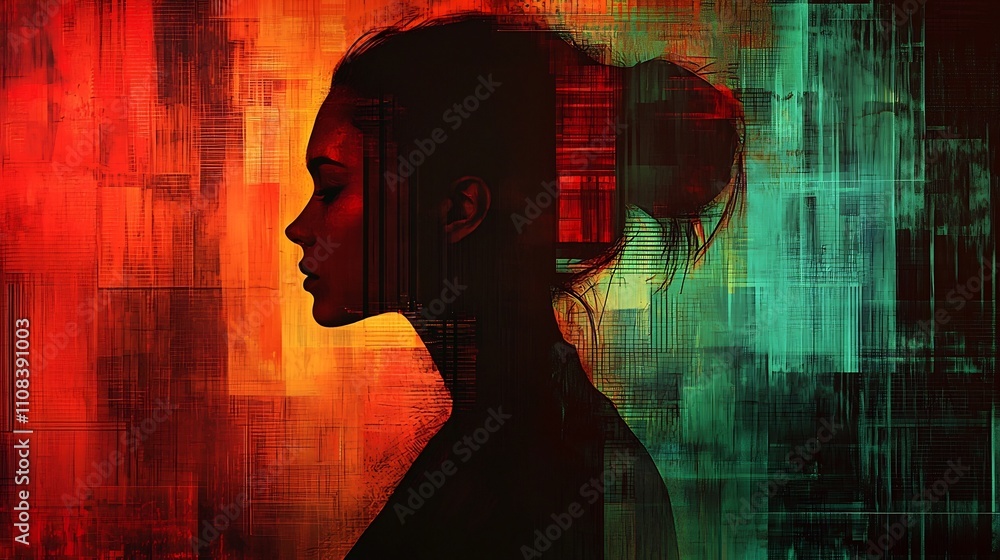 Poster a captivating digital portrait featuring a person s silhouette blending seamlessly with abstract geo