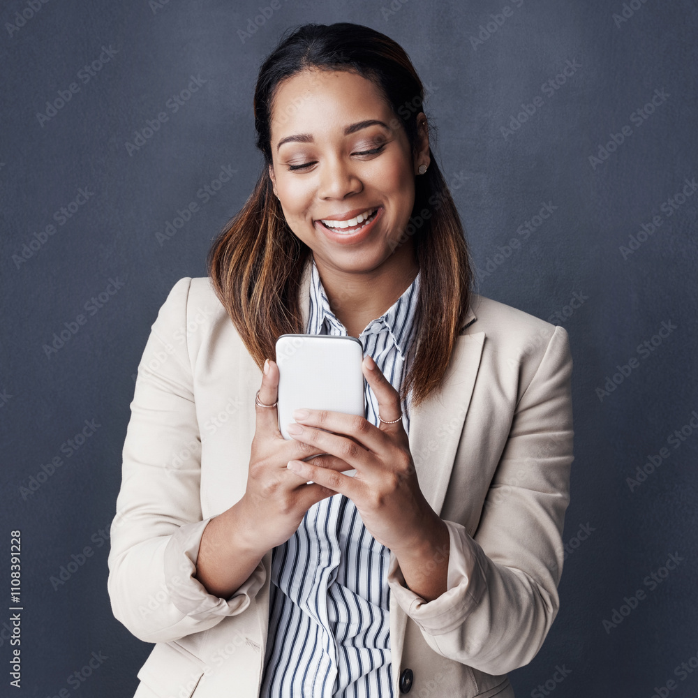 Aufkleber business woman, smartphone and contact in studio with notification, reading and happy by gray backgr