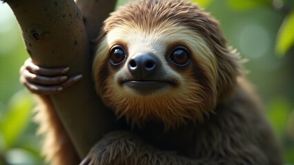 Fototapeta premium A close-up of a sloth hanging from a tree, with gentle eyes and shaggy fur. Soft sunlight highlights its calm, peaceful expression in a natural green jungle setting.