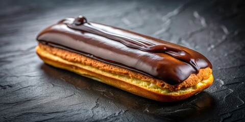 Night Photography of Traditional French Eclair Dessert with Chocolate Icing, Elegant Pastry Display, Gourmet Treat Concept, Dark Background, Culinary Delight, French Cuisine, Sweet Indulgence