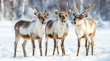 Majestic Reindeer Herd Standing in the Snowy Tundra of Northern Regions Against a Beautiful Winter Landscape
