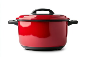 Red enamel cooking pot with black handles and lid
