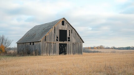 Obraz premium Haunting Silhouette of an Old Barn with Broken Windows in a Serene Landscape under a Cloudy Sky, Evoking a Sense of Mystery and Nostalgia