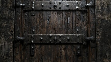 Detailed view of an ancient wooden door featuring strong iron hinges, showcasing craftsmanship and weathered textures set against a historic stone wall.