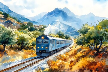 Obraz premium Scenic Watercolor Painting of a Vintage Train Journey Through Mountainous Landscape.