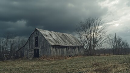 Obraz premium Old, Decrepit Barn Under Dramatic Stormy Sky with Dark Clouds, Capturing the Essence of Rural Decay and Nature's Uncertainty in a Captivating Landscape