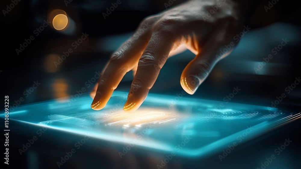 Poster a person interacting with a tactile feedback screen in a minimalist and futuristic environment symbo