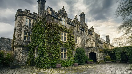 Obraz premium Majestic Old Stone Castle with Lush Ivy-Covered Walls Under a Dramatic Cloudy Sky, Showcasing Historic Architecture and Natural Beauty in a Picturesque Landscape