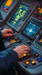 Hands operating a complex control panel. AI.
