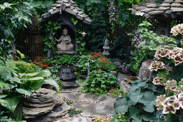 A tranquil Japanese garden featuring a stone path, vibrant plants, and a traditional Buddha statue, creating a peaceful and harmonious atmosphere.