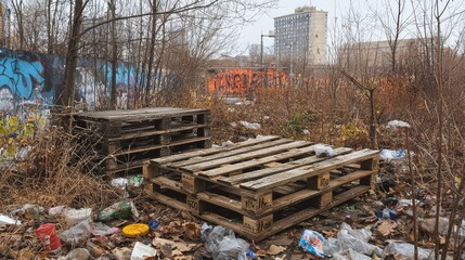 Naklejka premium Discarded Wooden Pallets Surrounded by Plastic Debris in Overgrown Urban Landscape with Grafitti and Dilapidated Building in Background