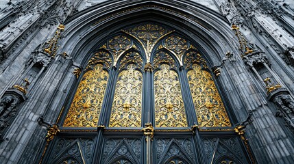 Obraz premium Ornate Metal Doors Featuring Intricate Golden Embellishments, Showcasing Elegant Design and Masterful Craftsmanship in Architectural Detailing