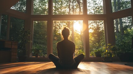 Serene Individual Enjoying a Peaceful Moment While Stretching in a Sunlit Room Surrounded by Lush Greenery and Natural Light from Large Windows