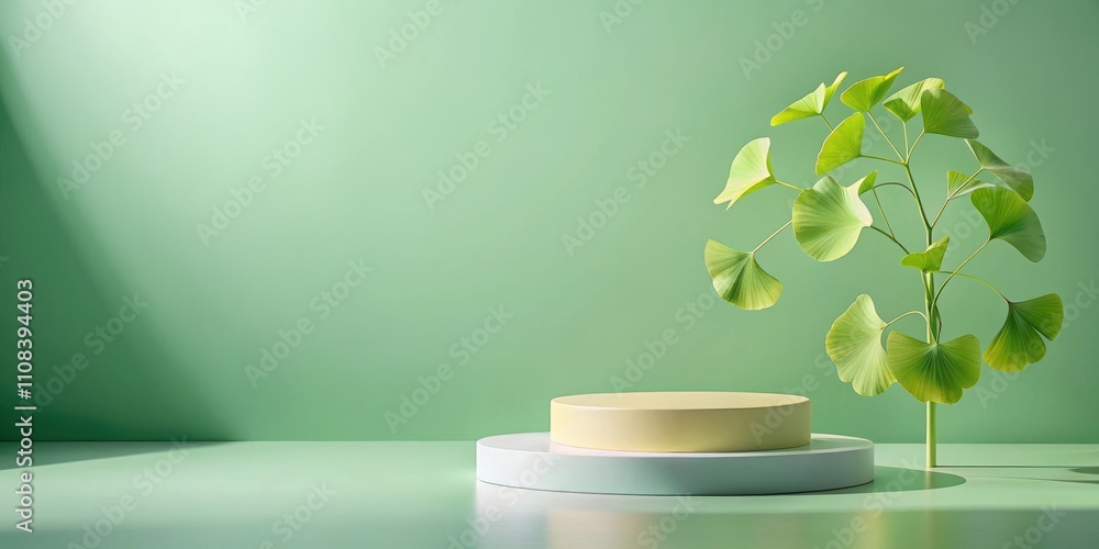 Poster minimalist product display featuring a two-tiered platform with a single branch of green leaves on a