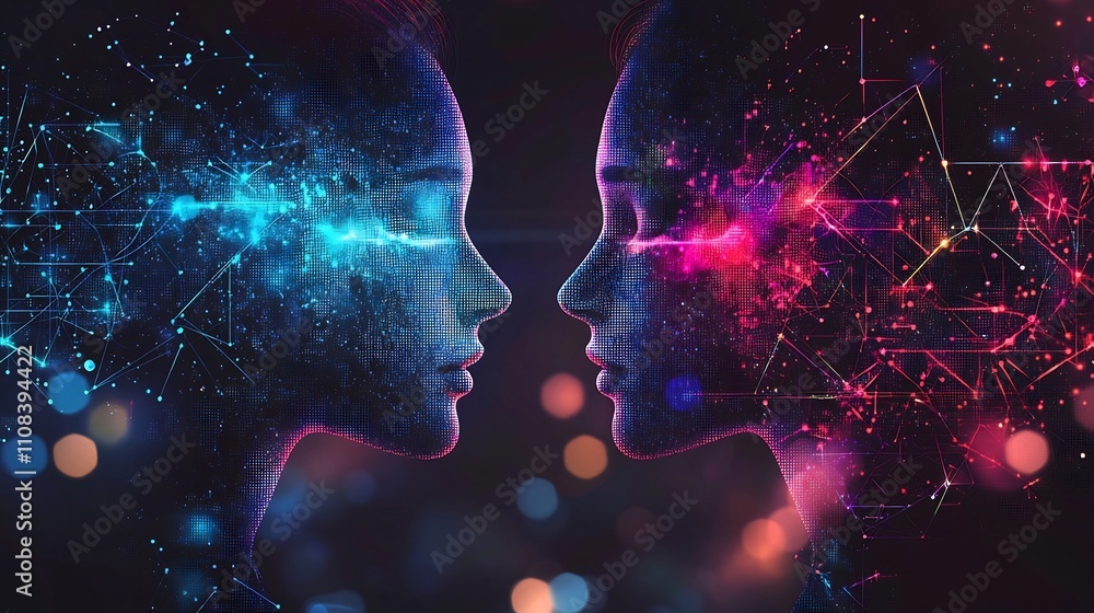 Poster an abstract digital depicting the harmonious overlap and interplay of gender symbols represented thr
