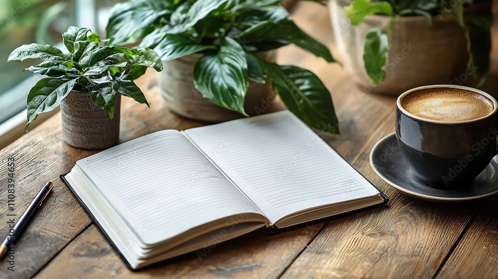 Poster balanced daily planner layout with coffee mug and open journal on a tidy minimalistic desk symbolizi
