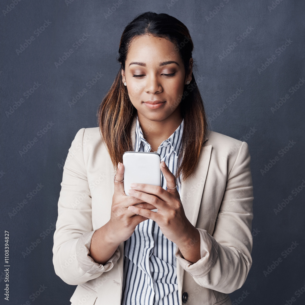 Poster business woman, smartphone and texting in studio with notification, reading and contact by gray back