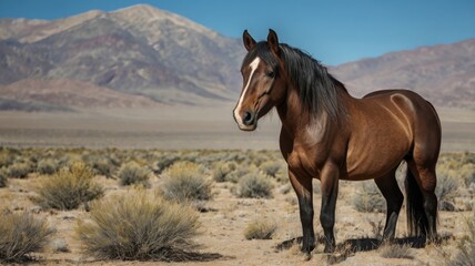 Obraz premium Majestic wild horse standing in a dry desert terrain, surrounded by shrubs, with rugged mountains in the background under clear skies. 