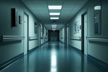 Obraz premium Long hospital corridor at night. AI.