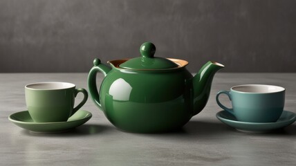 Here's a description and keywords for your image.. Green teapot and two teacups on a table.