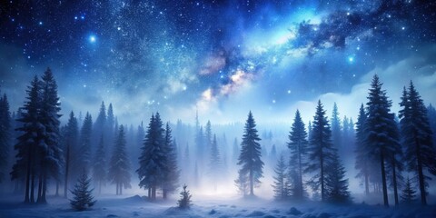 Fototapeta premium The celestial expanse above a snow-covered forest, where stars twinkle and the Milky Way stretches across the night sky, casting an ethereal glow on the frosted trees.