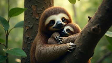 Obraz premium A mother sloth carries her baby on her chest while hanging from a tree. The serene rainforest background and soft sunlight add warmth to this tender moment of parent-child bonding.