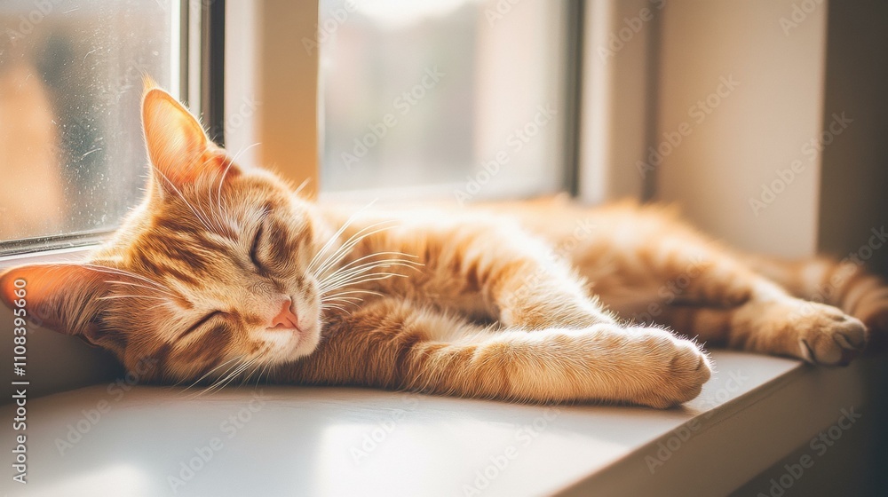 Canvas Prints Orange cat napping in the sun. AI.