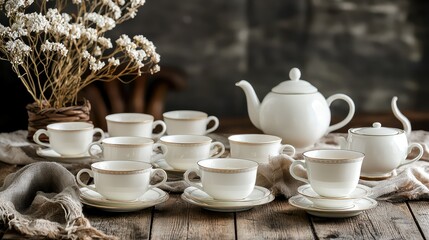Fototapeta premium Elegant Porcelain Tea Set with Matching Cups and Saucers, Featuring Exquisite Design, Perfect for Afternoon Tea or Special Occasions on Rustic Wooden Table