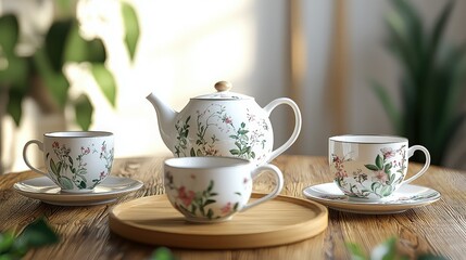 Fototapeta premium Elegant Porcelain Tea Set Featuring Matching Cups and Saucers, Perfect for Afternoon Tea Gatherings with Delicate Floral Design and Classic Teapot
