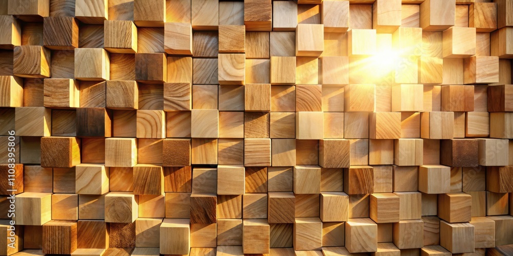 Poster a wall of wooden cubes illuminated by the warm glow of sunlight, casting intricate shadows and highl