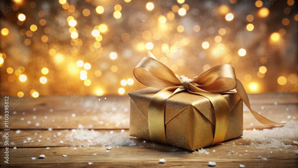 Poster a golden gift box adorned with a luxurious ribbon, nestled in a wintery scene with delicate snowflak
