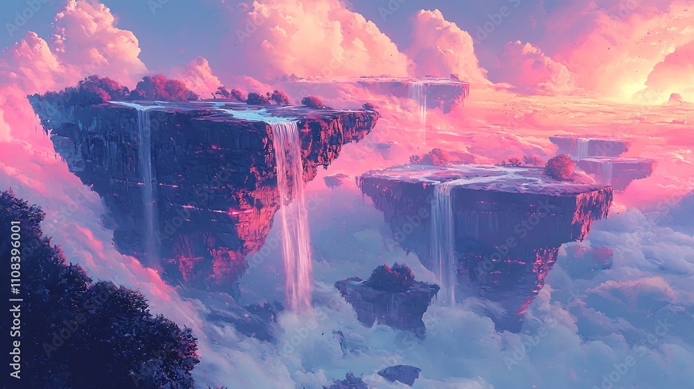 Poster Captivating surreal digital landscape featuring floating islands with cascading waterfalls and mesmerizing colorful skies creating a dreamlike ethereal and enchanting visual experience
