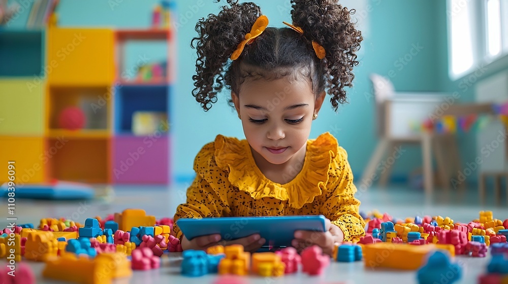 Poster cheerful child learning remotely with colorful educational tools and tablet in a well lit and cheerf