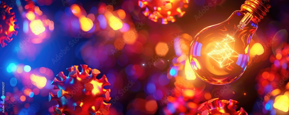 Poster a glowing light bulb surrounded by colorful, abstract shapes resembling viruses, creating a vibrant 