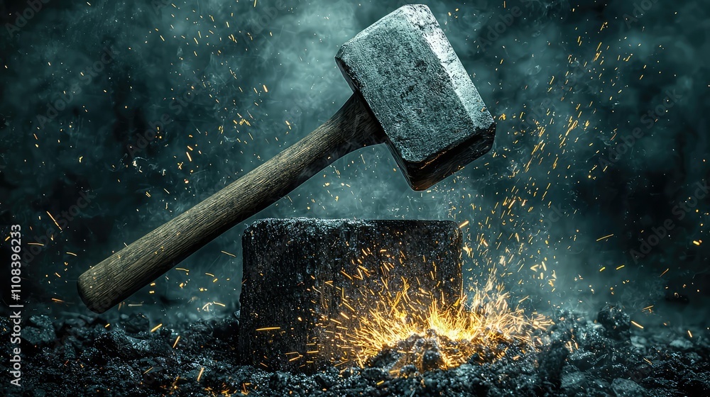 Poster a powerful blacksmith's hammer striking an anvil, creating sparks in a dark workshop setting, captur