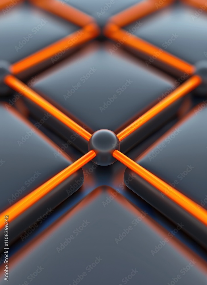 Poster a close-up view of a geometric pattern featuring dark tiles and bright orange lines, creating a visu