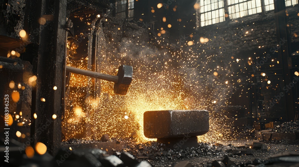 Poster dynamic blacksmith scene featuring powerful hammer striking anvil with flying sparks in a traditiona
