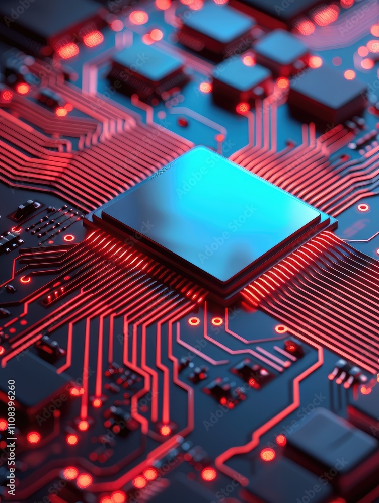 Poster a close-up view of a circuit board featuring intricate red and blue patterns, highlighting a central