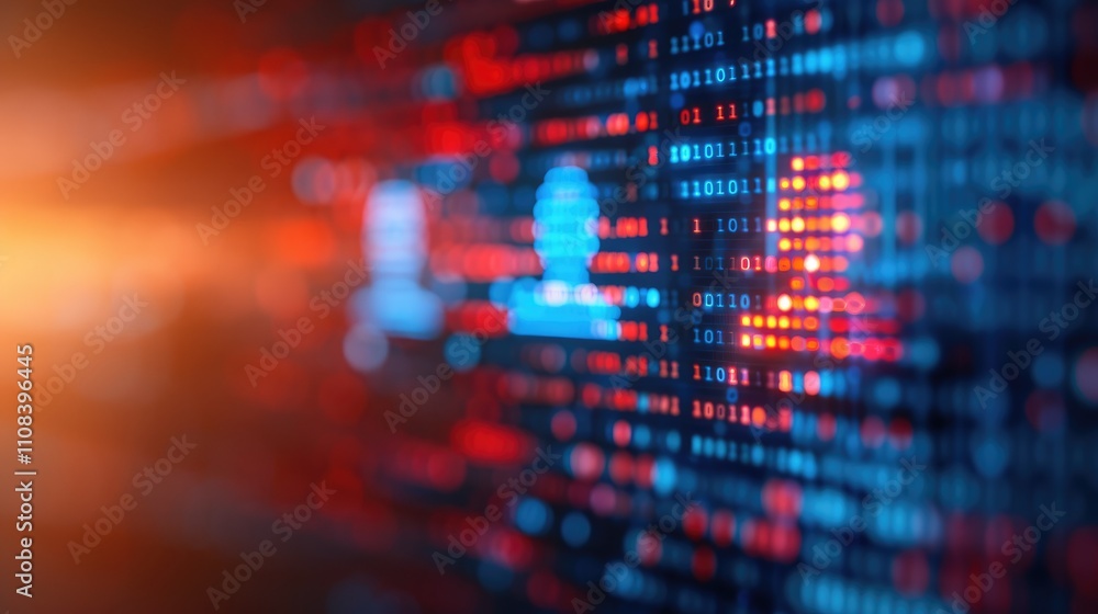 Poster a vibrant digital display featuring abstract user icons, illuminated by blue and red data patterns, 