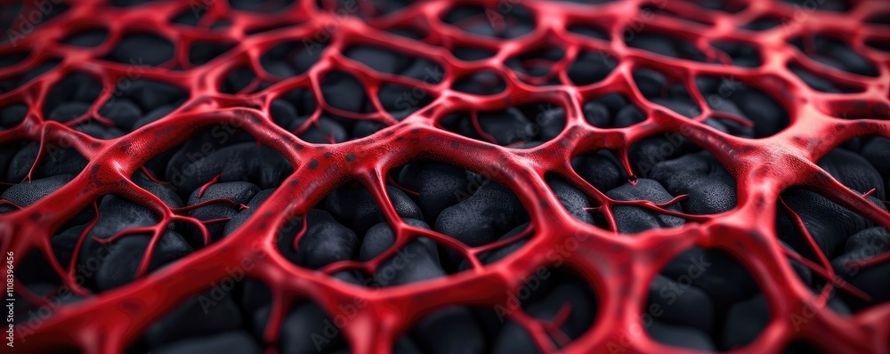 Poster a vibrant, abstract image showcasing a network of red, organic-looking structures over a dark, textu