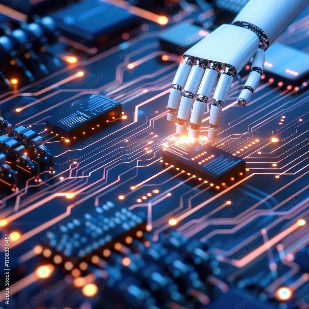 Poster a robotic hand interacts with a circuit board, showcasing advanced technology and the integration of