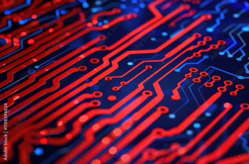 Poster a close-up view of a colorful circuit board featuring intricate red and blue lines on a dark backgro