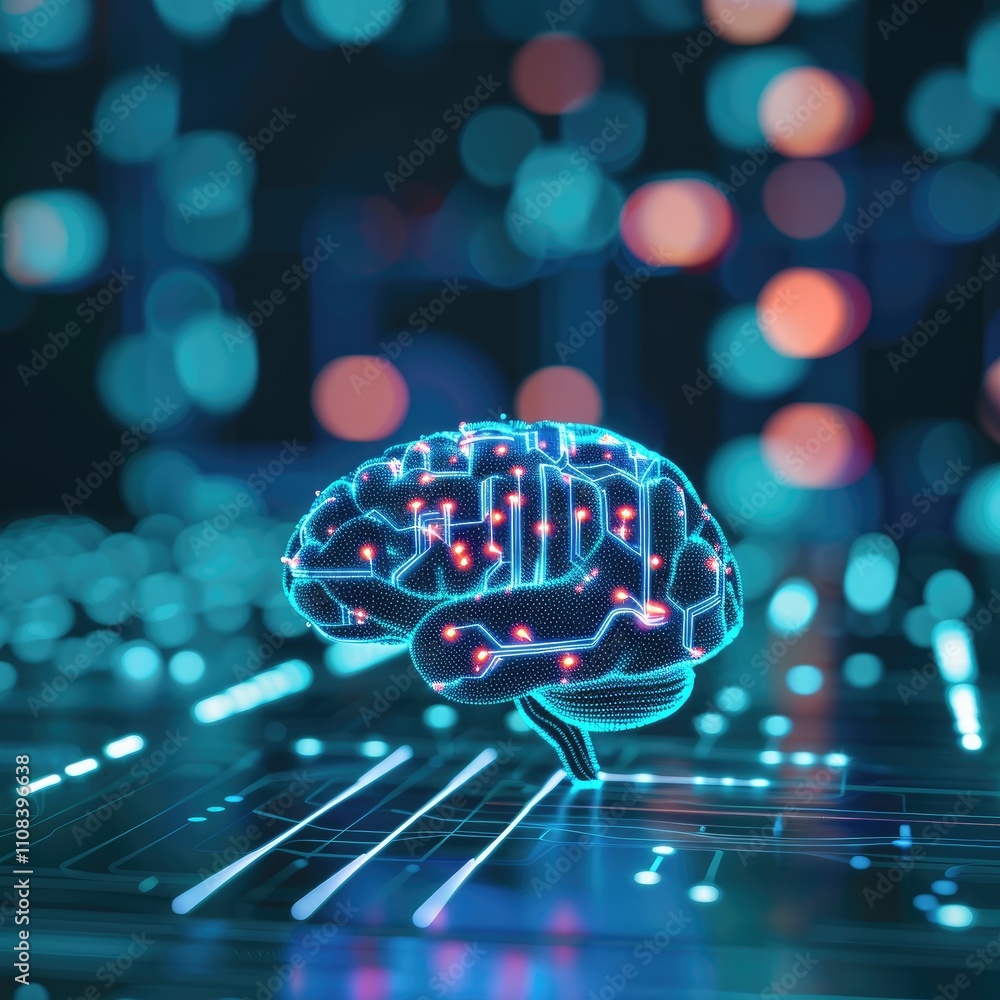 Poster a digital brain representation, illuminated with circuits and lights, symbolizing artificial intelli