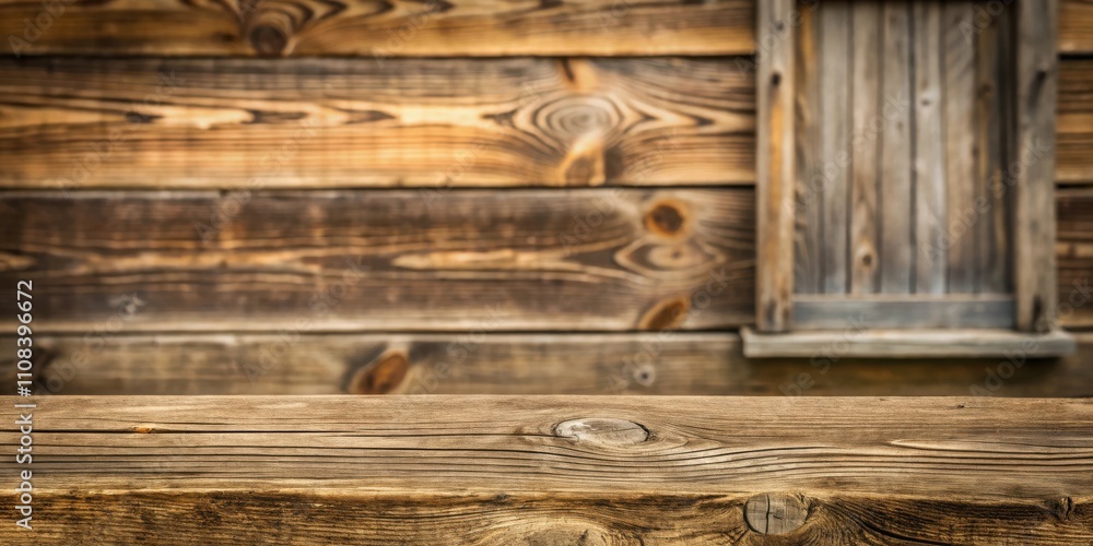 Poster a rustic wooden table top with a weathered wood background and a blurred window pane