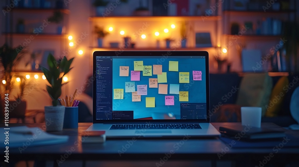 Aufkleber colorful and dynamic creative workspace with a laptop showing a virtual brainstorming session among 