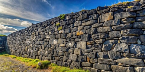A robust stone wall with a rustic charm, crafted from irregular, weathered rocks, showcasing the timeless beauty of natural construction.