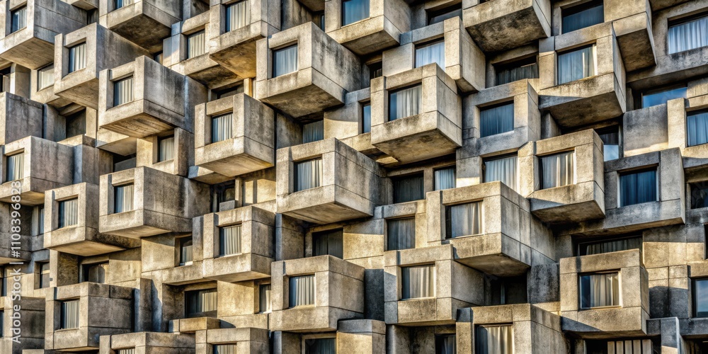 Aufkleber A mesmerizing abstract facade of stacked concrete structures, each punctuated by windows, creating an intricate geometric design.