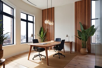 Fototapeta premium Stylish Open Concept Office with Natural Wood Features and Expansive Windows